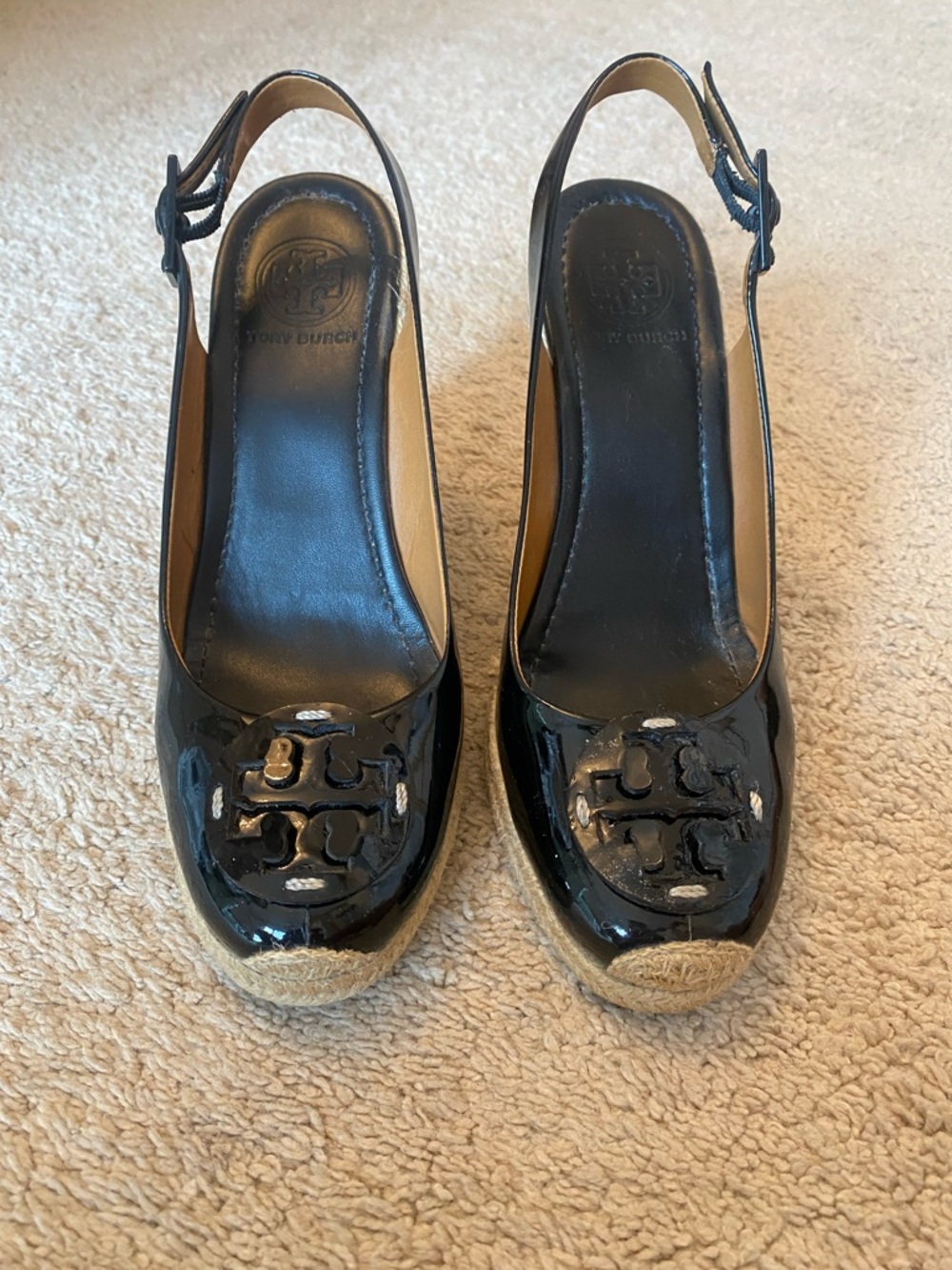 Tory Burch Black Patent Espadrille Wedge Slingback with Logo Toe - Picture 2 of 5